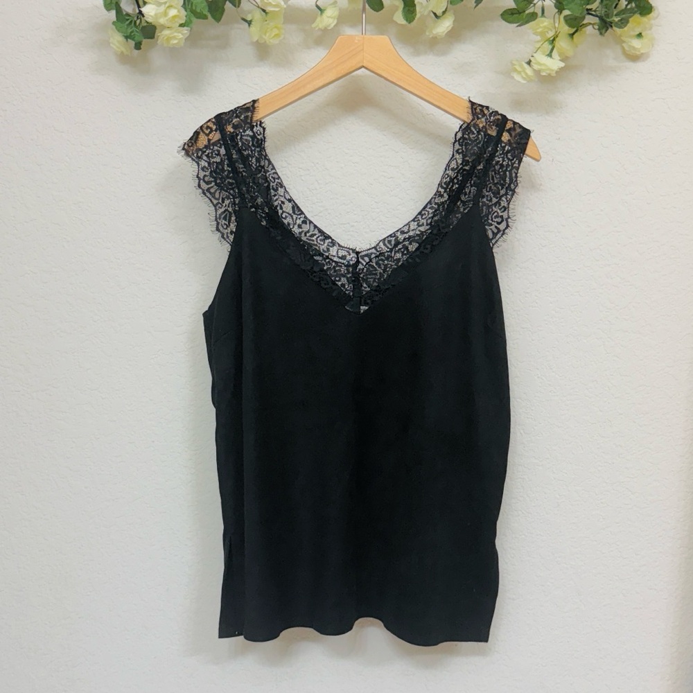 Umgee • Black Velvet Lace Trim V Neck Romantic Sleeveless Top